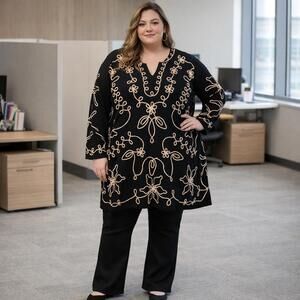 Catherines top sweater womens 3x black embroidered tunic plus office business